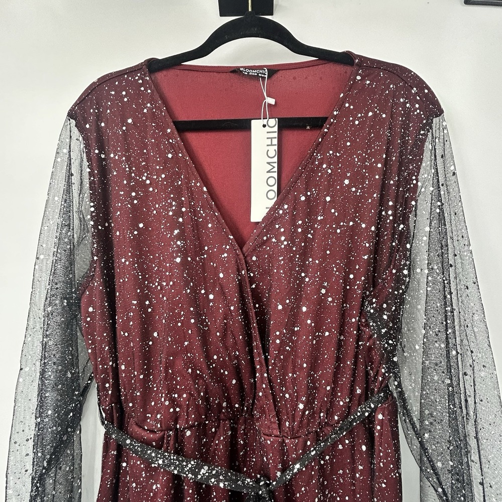 NWT BloomChic 18/20 Burgundy Glitter Mesh Midi Dress Surplice Long Sleeve Belt - Picture 3 of 9